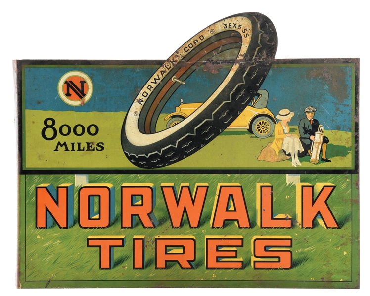 RARE NORWALK TIRES TIN SERVICE STATION FLANGE SIGN W/ TIRE & AUTOMOBILE GRAPHIC. 