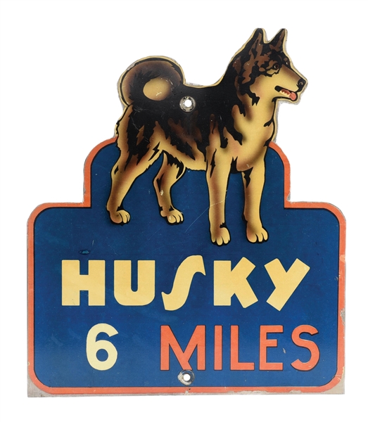 HUSKY GASOLINE "6 MILES" REFLECTIVE MILE MARKER HIGHWAY SIGN.