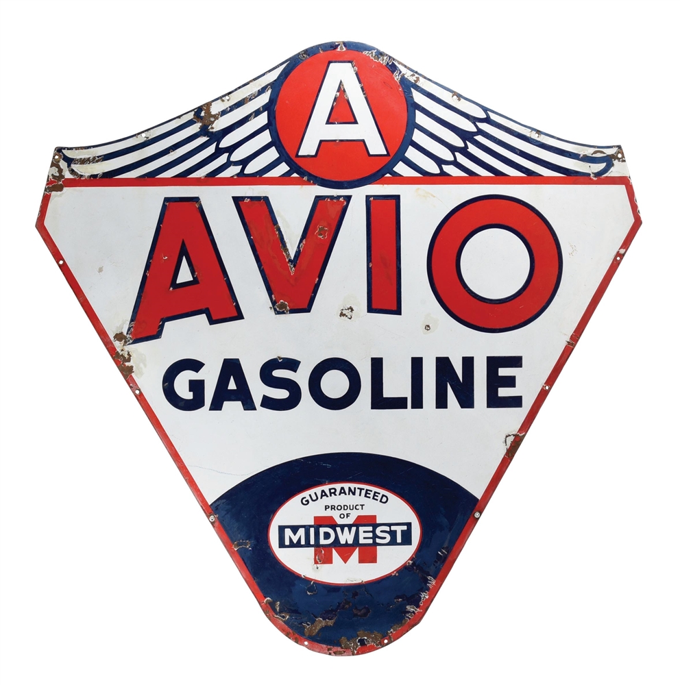 INCREDIBLE AVIO GASOLINE PORCELAIN SIGN W/ WINGED GRAPHIC. 