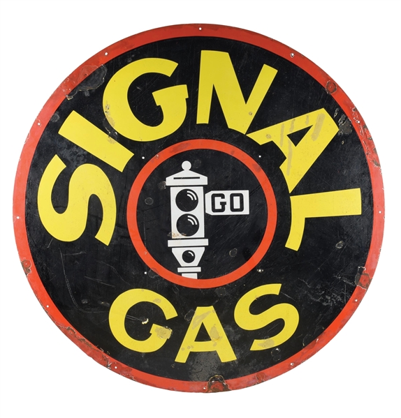 SIGNAL GASOLINE PORCELAIN SIGN W/ STOP LIGHT GRAPHIC.