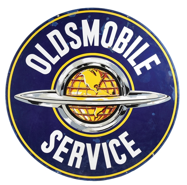 OLDSMOBILE SERVICE PORCELAIN SIGN W/ GLOBE GRAPHIC.