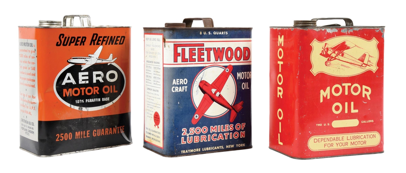 COLLECTION OF 3: AIRCRAFT MOTOR OIL TWO GALLON CANS. 