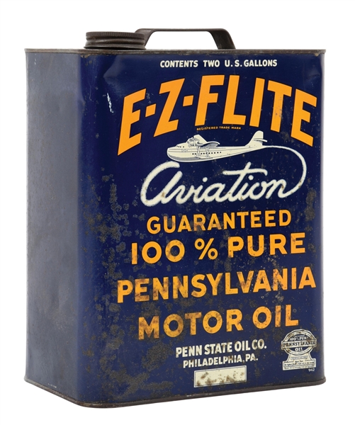 E-Z-FLITE AVIATION MOTOR OIL TWO GALLON CAN W/ AIRPLANE GRAPHIC. 