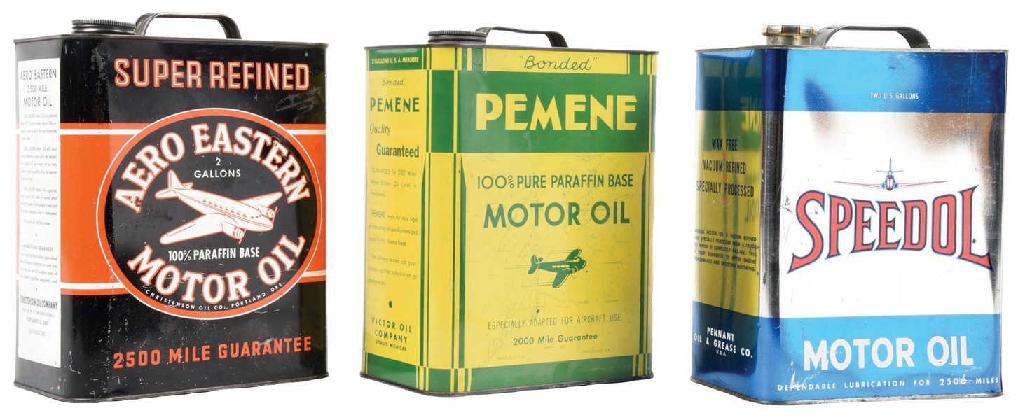 COLLECTION OF 3: SPEEDOL, PEMENE & AERO MOTOR OIL TWO GALLON CANS W/ AIRCRAFT GRAPHICS. 