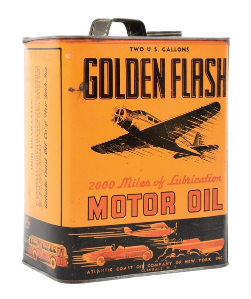 GOLDEN FLASH MOTOR OIL TWO GALLON CAN W/ AIRCRAFT GRAPHIC. 