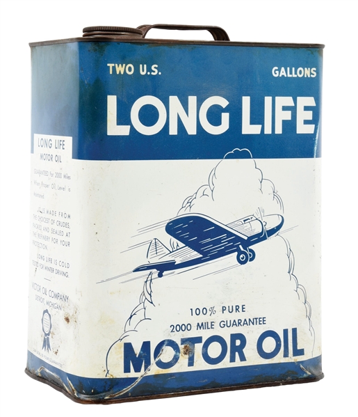 LONG LIFE MOTOR OIL TWO GALLON CAN W/ AIRPLANE GRAPHIC. 