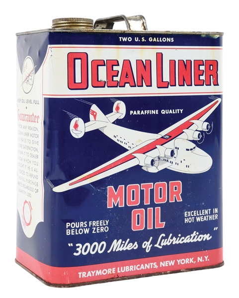 OCEAN LINER MOTOR OIL TWO GALLON CAN W/ AIRPLANE GRAPHIC. 