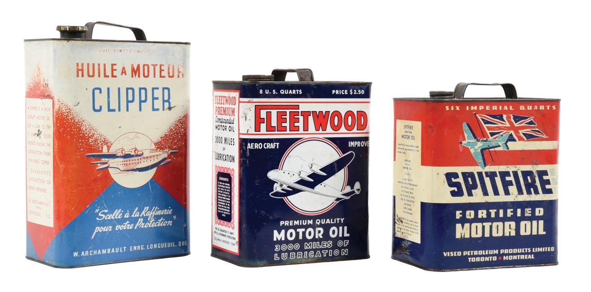 COLLECTION OF 3: CLIPPER, SPITFIRE & FLEETWOOD TWO GALLON MOTOR OIL CANS.