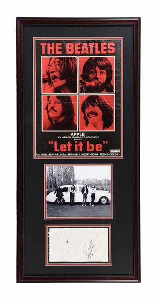 RARE FRAMED BEATLES PIECE INCLUDING 3 ORIGINAL BEATLES AUTOGRAPHS: PAUL MCCARTNEY, JOHN LENNON & GEORGE HARRISON