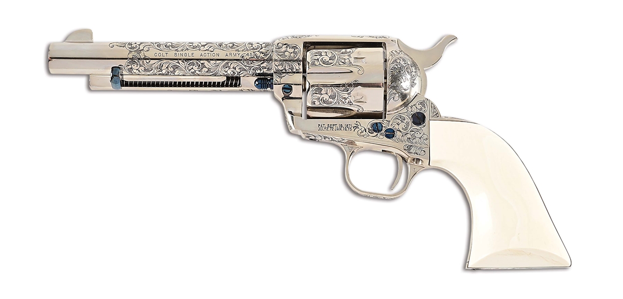 (M) ENGRAVED COLT SINGLE ACTION ARMY .45 LONG COLT REVOLVER WITH IVORY GRIPS.