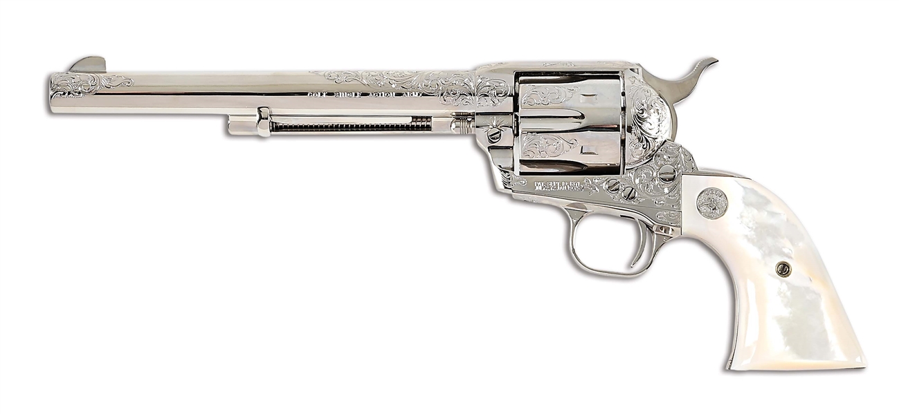 (M) MASTER ENGRAVED 9MM COLT SINGLE ACTION ARMY WITH MOTHER OF PEARL GRIPS. 