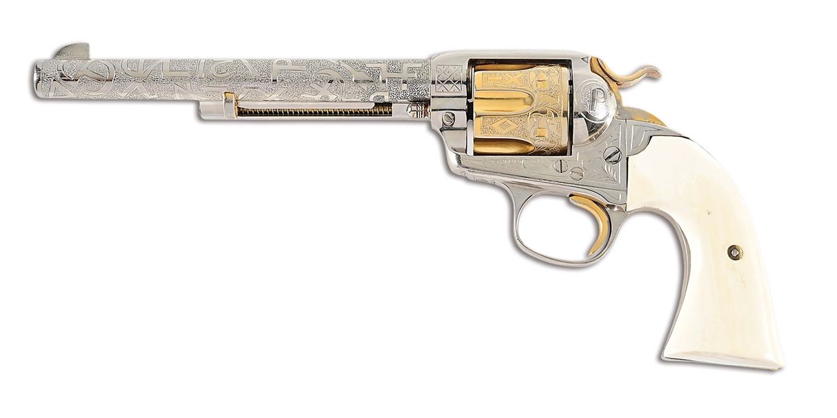 (C) CATTLE BRAND ENGRAVED COLT BISLEY SINGLE ACTION REVOLVER, NICKEL FINISHED WITH GOLD CYLINDER AND ACCENTS.