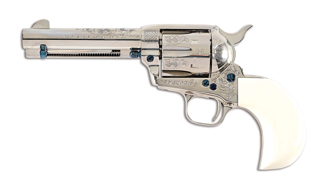 (M) ENGRAVED COLT SINGLE ACTION ARMY IN .45 LONG COLT WITH BIRDS HEAD GRIP.