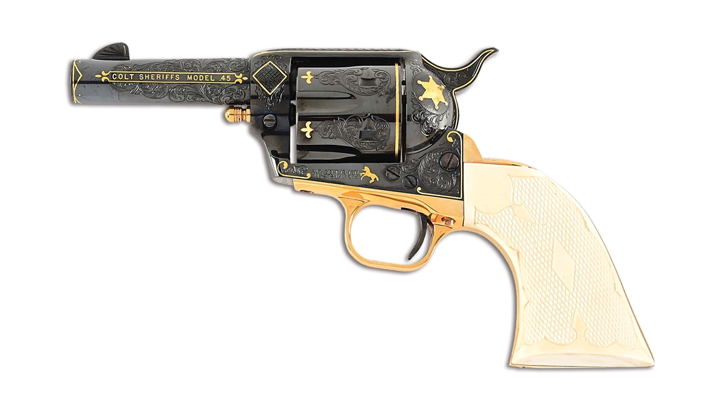 (M) BOXED  COLT SINGLE ACTION ARMY SPECIAL EDITION #4 OF 35 SHERIFFS MODEL .45, FULLY ENGRAVED WITH GOLD INLAYS 