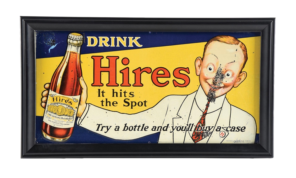 "DRINK HIRES IT HITS THE SPOT" EMBOSSED TIN SIGN W/ JOSH SLINGER GRAPHIC