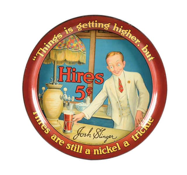HIRES ROOT BEER TIN LITHOGRAPH TRAY SIGN W/ JOSH SLINGER GRAPHIC