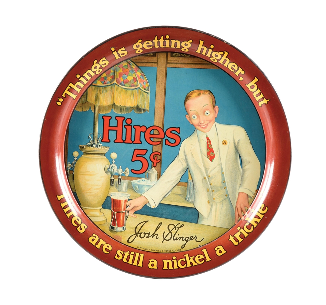 HIRES ROOT BEER TIN LITHOGRAPH TRAY SIGN W/ JOSH SLINGER GRAPHIC