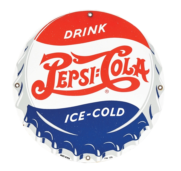 DRINK PEPSI-COLA ICE COLD PORCELAIN SIGN W/ BOTTLECAP GRAPHIC