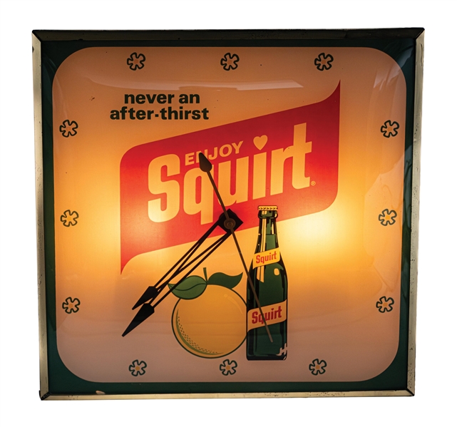 ENJOY SQUIRT SODA LIGHTED CLOCK W/ BOTTLE GRAPHIC