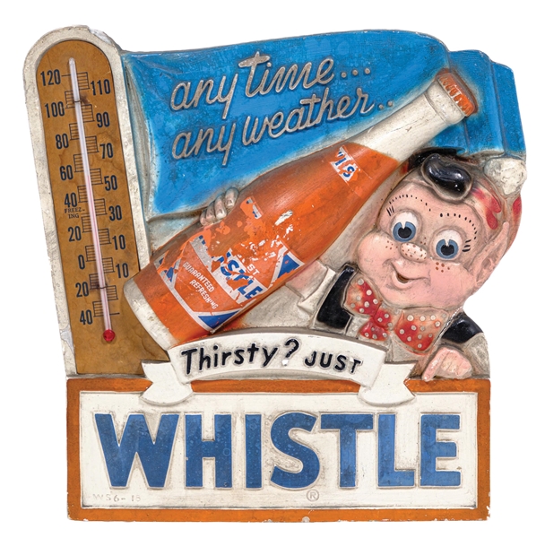 EMBOSSED WHISTLE SODA CHALK WARE SIGN W/ ELF GRAPHIC