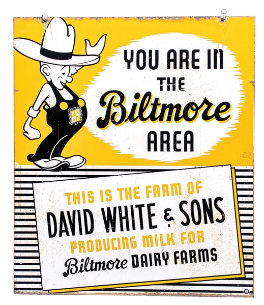 BILTMORE DAIRY FARMS DOUBLE-SIDED PAINTED METAL SIGN W/ FARMER GRAPHIC