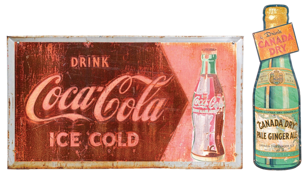 COLLECTION OF 2 PAINTED METAL SODA POP SIGNS W/ BOTTLE GRAPHIC