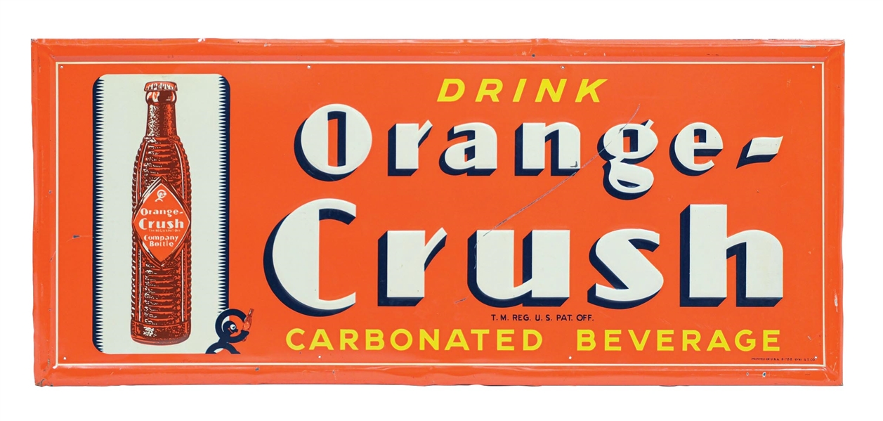 DRINK ORANGE CRUSH SELF-FRAMED EMBOSSED TIN SIGN W/ CRUSHY GRAPHIC