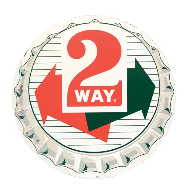 2 WAY SODA POP PAINTED METAL BOTTLECAP SIGN W/ ARROW GRAPHIC