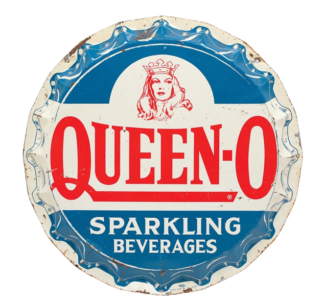 QUEEN-O SPARKLING BEVERAGES BOTTLE CAP SIGN W/ QUEEN GRAPHIC