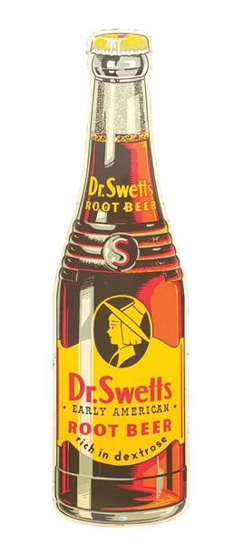 DR. SWETTS ROOT BEER EARLY AMERICAN ROOT BEER PAINTED METAL BOTTLE SIGN