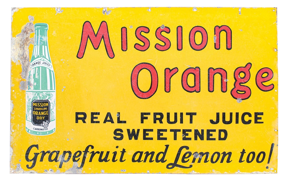 MISSION ORANGE SINGLE-SIDED PORCELAIN SIGN W/ EARLY BOTTLE GRAPHIC