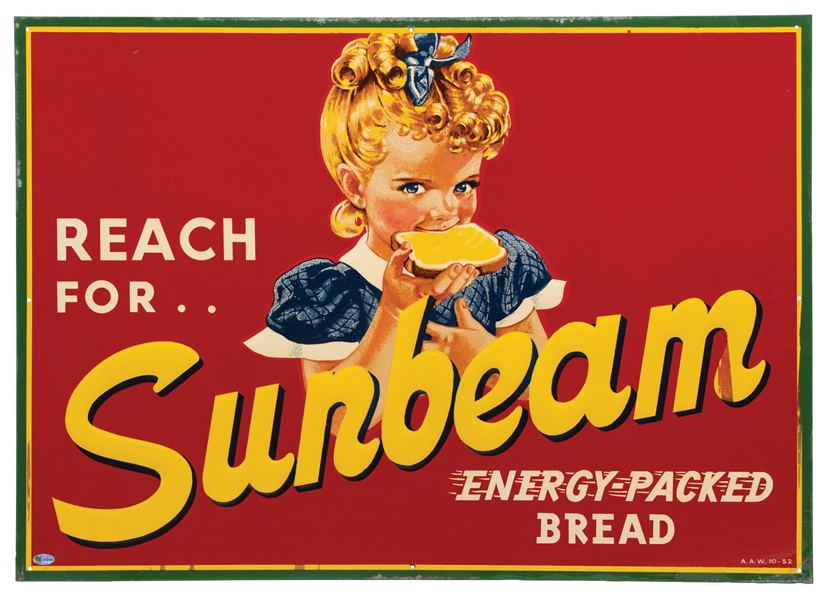 "REACH FOR SUNBEAM ENERGY PACKED BREAD" EMBOSSED TIN SIGN W/ SUNBEAM GIRL GRAPHIC