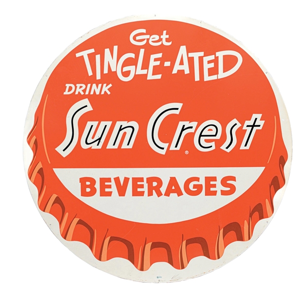 SUN CREST BEVERAGES SINGLE-SIDED PAINTED METAL BOTTLECAP SIGN