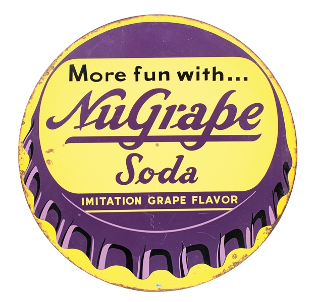 NU GRAPE SODA SINGLE-SIDED PAINTED METAL BOTTLECAP SIGN