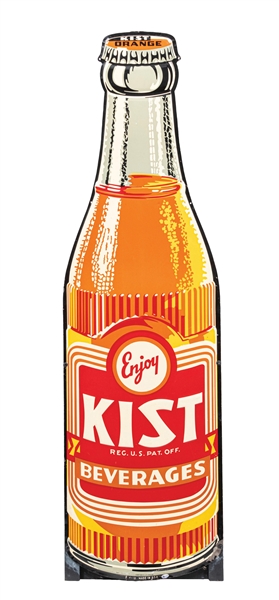 "ENJOY KIST BEVERAGES" EMBOSSED PAINTED METAL DIE-CUT BOTTLE SIGN