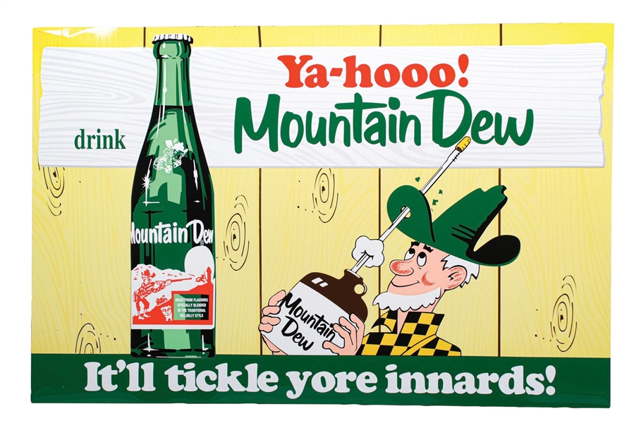 MODERN YAHOO MOUNTAIN DEW EMBOSSED TIN SIGN W/ HILLBILLY GRAPHIC