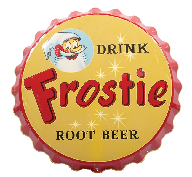 "DRINK FROSTIE ROOT BEER" PAINTED METAL BOTTLECAP SIGN W/ FROSTIE GRAPHIC