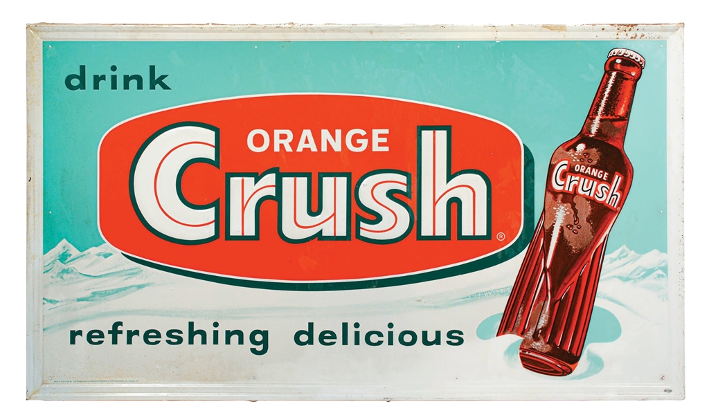 DRINK ORANGE CRUSH SELF FRAMED EMBOSSED TIN SIGN W/ BOTTLE GRAPHIC