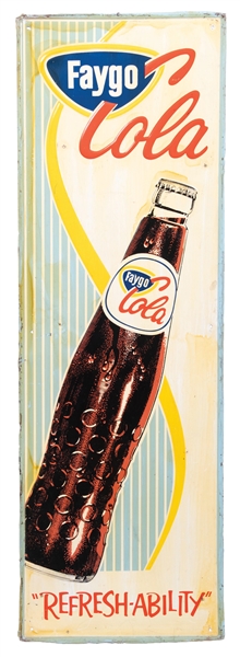 FAYGO COLA SELF FRAMED EMBOSSED TIN SIGN W/ BOTTLE GRAPHIC