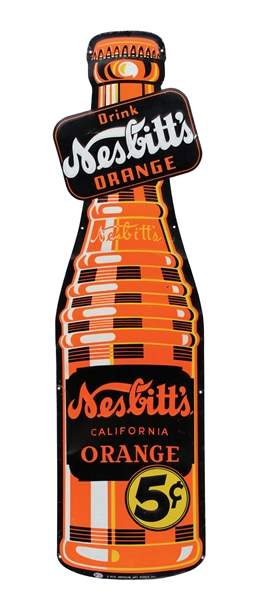 "DRINK NESBITTS ORANGE" EMBOSSED TIN BOTTLE SIGN W/ 5¢ LOGO