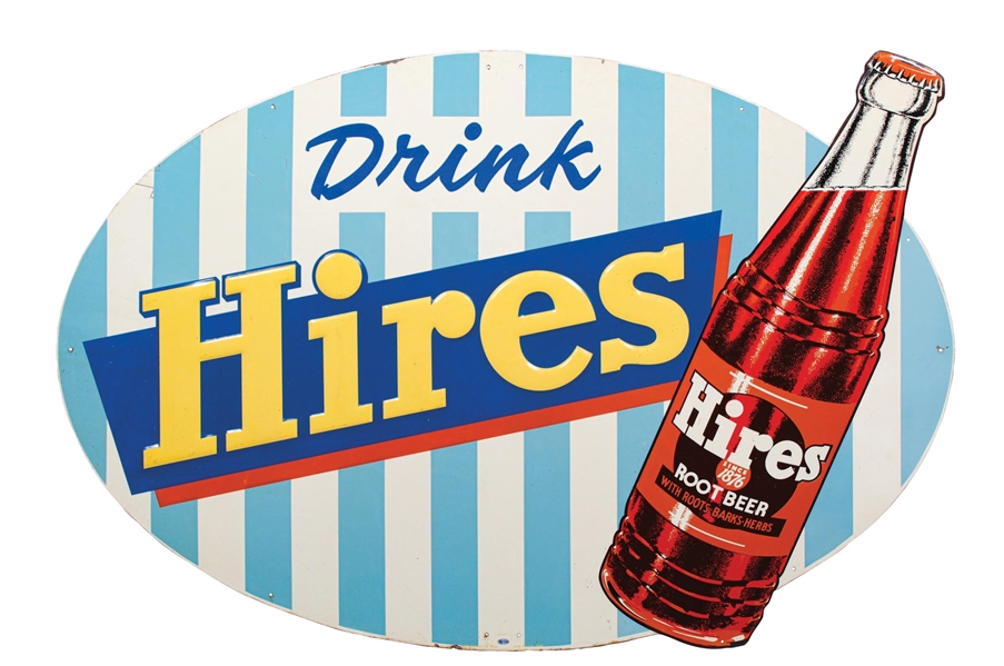 "DRINK HIRES ROOT BEER" EMBOSSED TIN SIGN W/ BOTTLE GRAPHIC