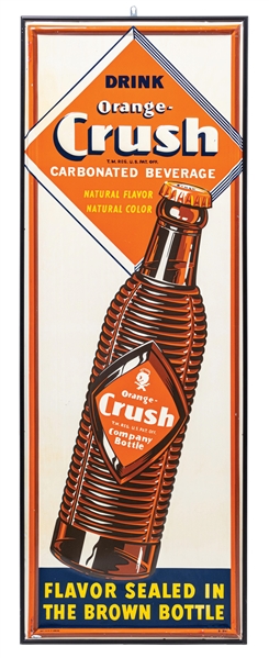 "DRINK ORANGE CRUSH" SELF FRAMED EMBOSSED TIN SIGN W/ BOTTLE GRAPHIC