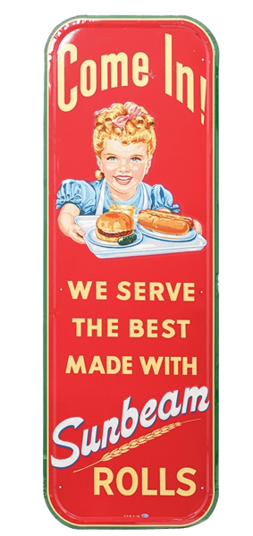 SUNBEAM ROLLS SELF FRAMED TIN SIGN W/ HOTDOG & HAMBURGER GRAPHIC