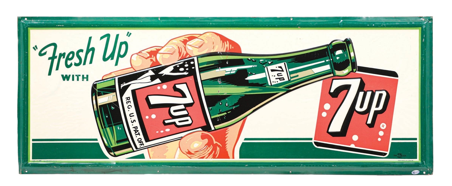 "FRESH UP WITH 7UP" SELF-FRAMED EMBOSSED TIN SIGN W/ BOTTLE GRAPHIC