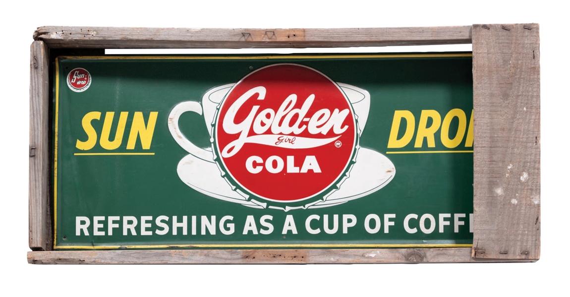 SUN DROP GOLDEN COLA SELF FRAMED EMBOSSED TIN SIGN W/ ORIGINAL SHIPPING CRATE