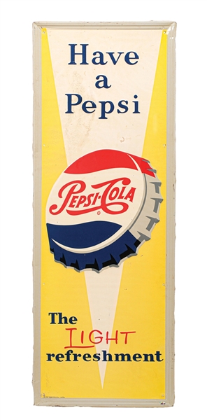 PEPSI-COLA SELF FRAMED EMBOSSED TIN SIGN W/ BOTTLE CAP GRAPHIC