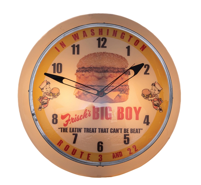 FRISCHS BIG BOY LIGHTED CLOCK W/ DOUBLE CHEESEBURGER GRAPHIC