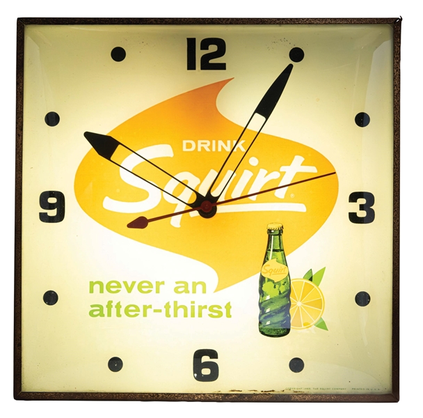 "DRINK SQUIRT" LIGHTED CLOCK W/ BOTTLE GRAPHIC