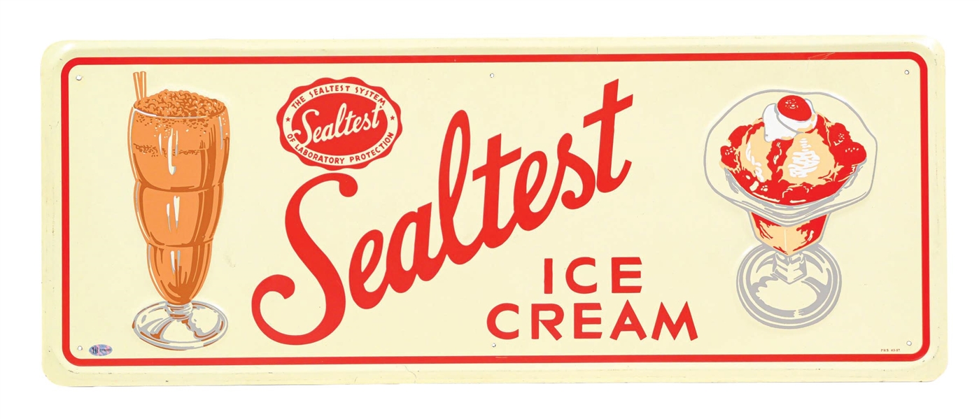 SELF FRAMED TIN SEALTEST ICE CREAM SIGN W/ SUNDAE GRAPHICS