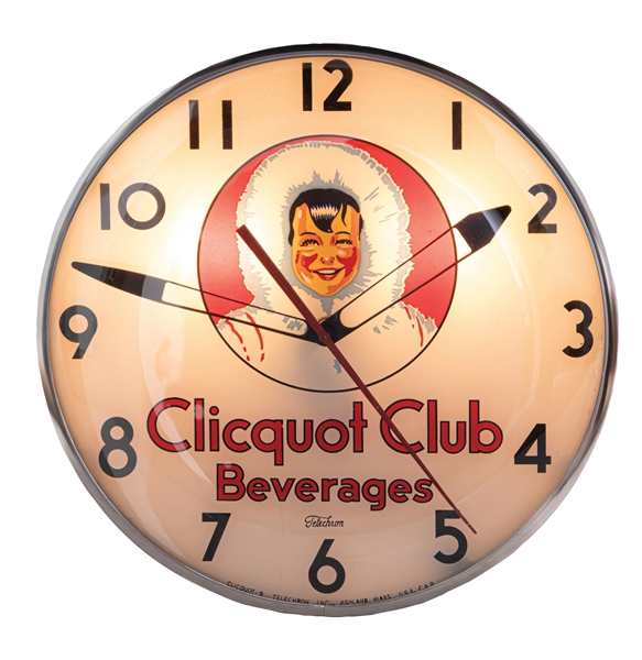 CLICQUOT CLUB BEVERAGES TELECHRON CLOCK W/ ESKIMO GRAPHIC